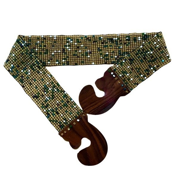 Vintage Beaded Elastic Belt with Wooden Interlocking Buckle S - Picture 1 of 8